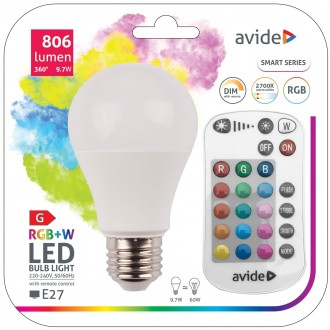 AVIDE ASG27RGBW-9.7W-RC | E27 9,7W Avide normálne A60 LED svetelný zdroj svietidlo 806lm 2700K diaľkový ovládač 200°