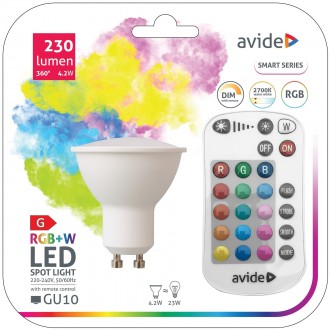 AVIDE ASGU10RGBW-4.2W-RC | GU10 4,2W Avide spot LED svetelný zdroj svietidlo 230lm 2700K diaľkový ovládač 120°