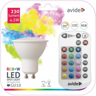 AVIDE ASGU10RGBW-4.5W-RC | GU10 4,5W Avide spot LED svetelný zdroj svietidlo 230lm 2700K diaľkový ovládač 240°